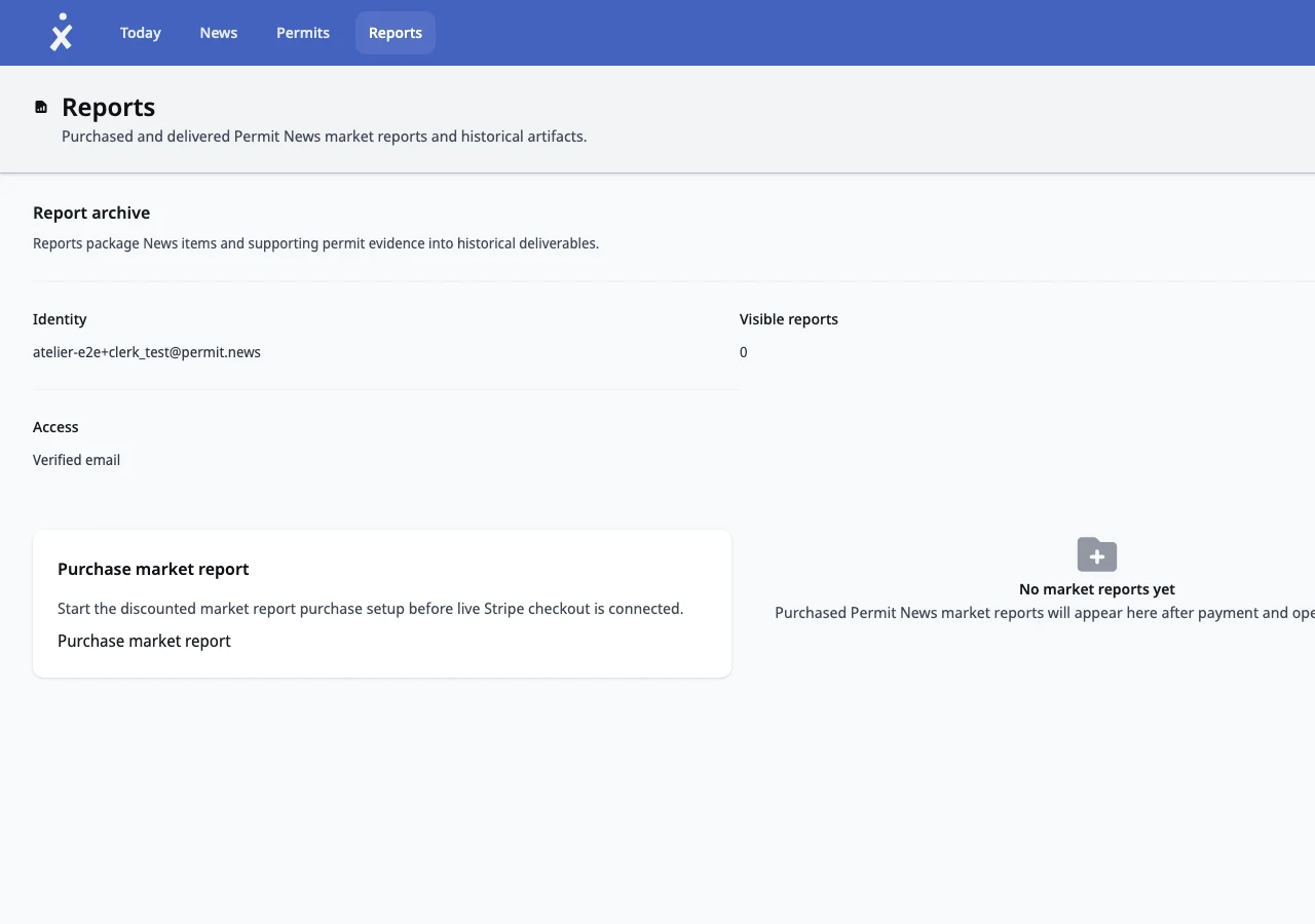 Permit News Atelier report archive showing market report access.